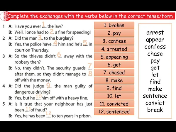 Complete the exchanges with the verbs below in the correct tense/form 1.