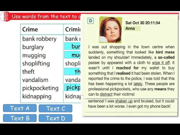 Use words from the text to complete the table. burglar mugger thief
