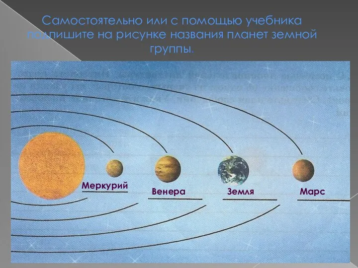 Меркурий Венера Земля Марс Самостоятельно или с помощью учебника подпишите на рисунке названия планет земной группы.
