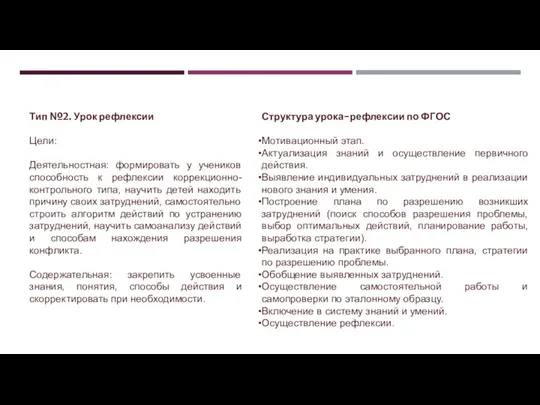 Тип №2. Урок рефлексии Цели: Деятельностная: формировать у учеников способность к рефлексии