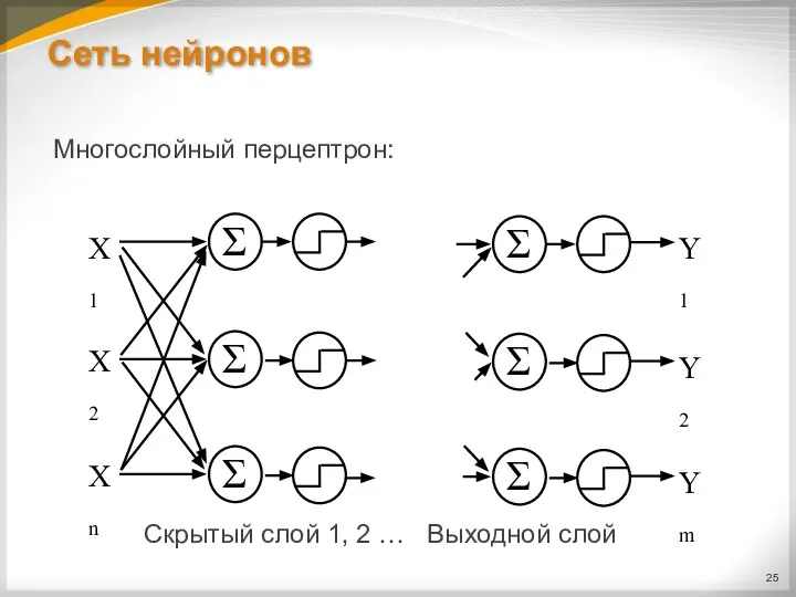 Сеть нейронов Многослойный перцептрон: Скрытый слой 1, 2 … Выходной слой