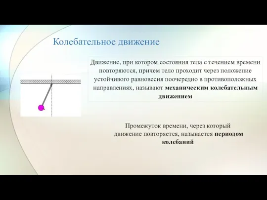 Колебательное движение Промежуток времени, через который движение повторяется, называется периодом колебаний Движение,