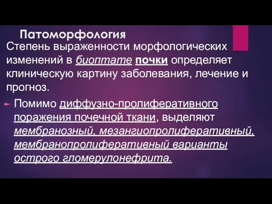 Патоморфология Степень выраженности морфологических изменений в биоптате почки определяет клиническую картину заболевания,