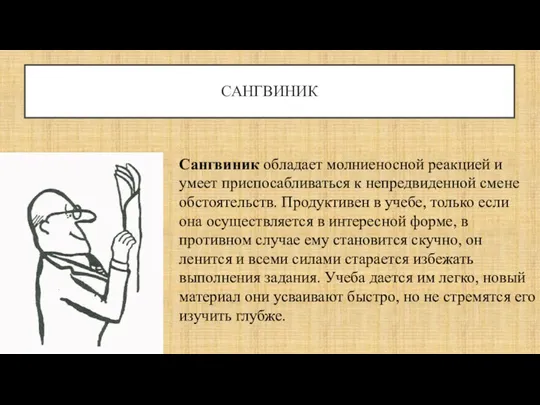 САНГВИНИК Сангвиник обладает молниеносной реакцией и умеет приспосабливаться к непредвиденной смене обстоятельств.