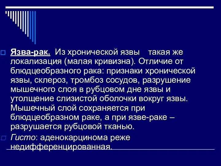 Язва-рак. Из хронической язвы такая же локализация (малая кривизна). Отличие от блюдцеобразного