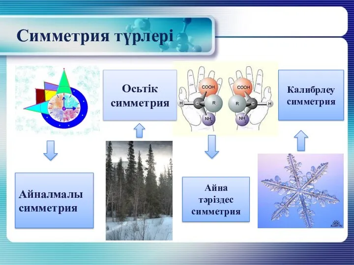 Симметрия түрлері Айналмалы симметрия Осьтік симметрия Айна тәріздес симметрия Калибрлеу симметрия