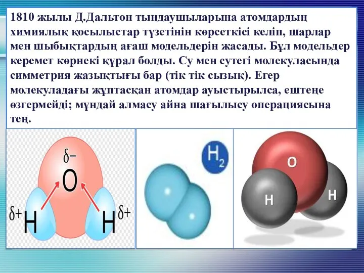 1810 жылы Д.Дальтон тыңдаушыларына атомдардың химиялық қосылыстар түзетінін көрсеткісі келіп, шарлар мен