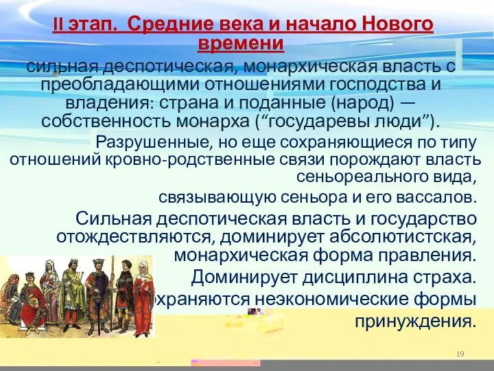 II этап. Средние века и начало Нового времени сильная деспотическая, монархическая власть