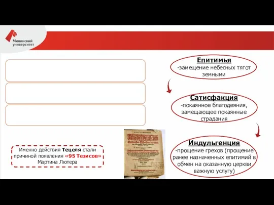 Именно действия Тецеля стали причиной появления «95 Тезисов» Мартина Лютера Епитимья -замещение