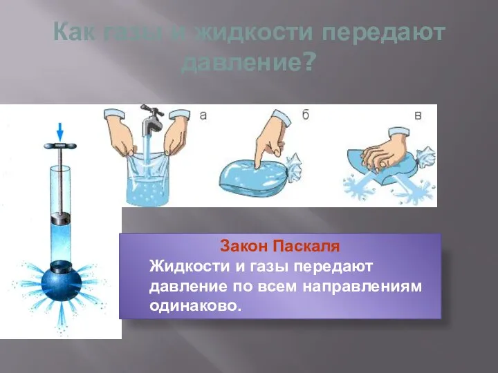 Как газы и жидкости передают давление? Закон Паскаля Жидкости и газы передают