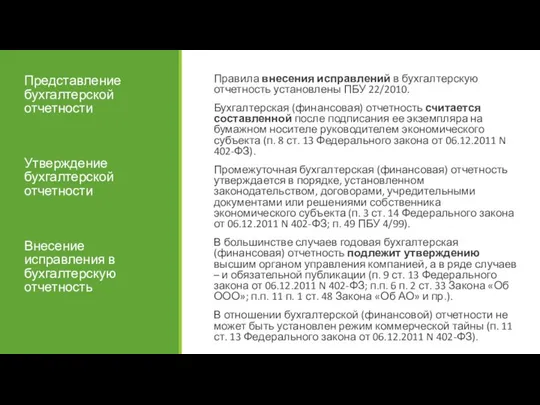 Представление бухгалтерской отчетности Утверждение бухгалтерской отчетности Внесение исправления в бухгалтерскую отчетность Правила