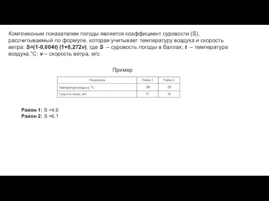 Комплексным показателем погоды является коэффициент суровости (S), рассчитываемый по формуле, которая учитывает