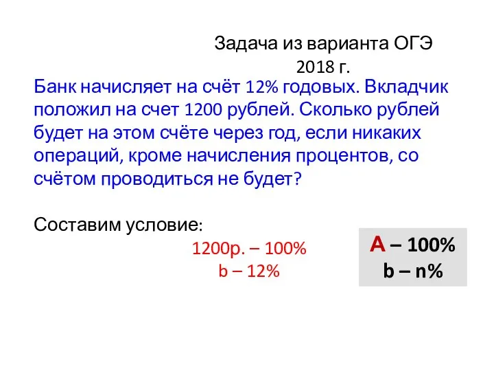 Банк начисляет на счёт 12% годовых. Вкладчик положил на счет 1200 рублей.