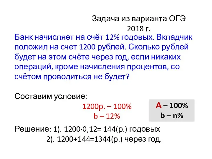 Банк начисляет на счёт 12% годовых. Вкладчик положил на счет 1200 рублей.