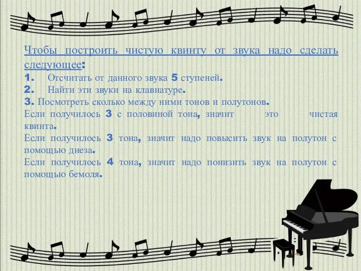 Чтобы построить чистую квинту от звука надо сделать следующее: 1. Отсчитать от