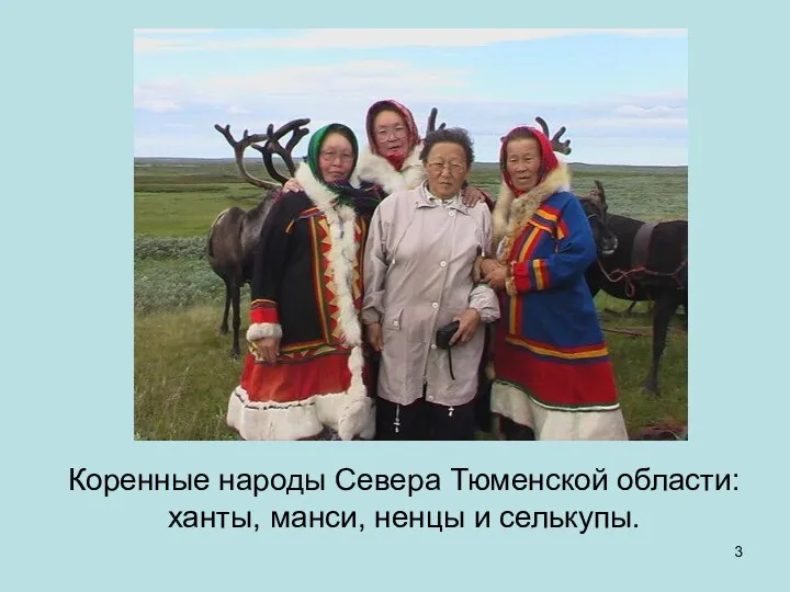 Коренные народы Севера Тюменской области: ханты, манси, ненцы и селькупы.