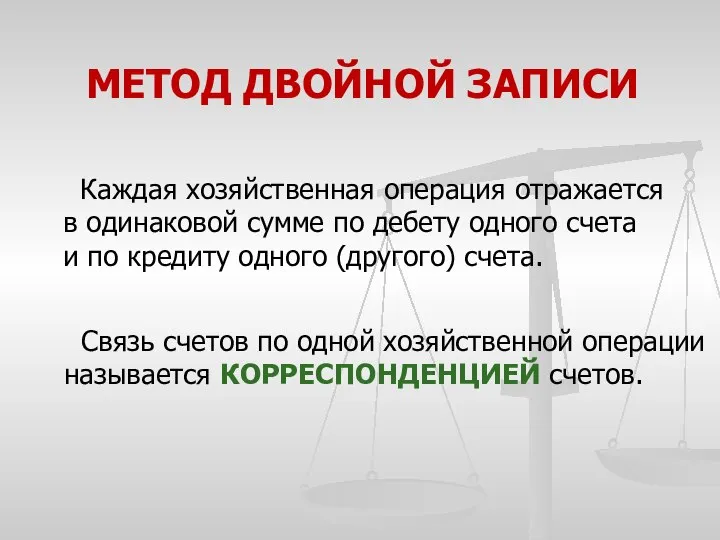 МЕТОД ДВОЙНОЙ ЗАПИСИ Каждая хозяйственная операция отражается в одинаковой сумме по дебету