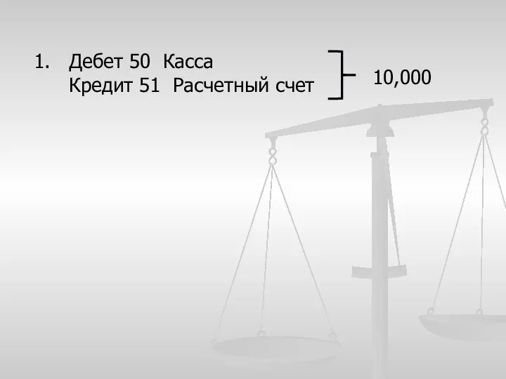 Дебет 50 Касса Кредит 51 Расчетный счет 10,000