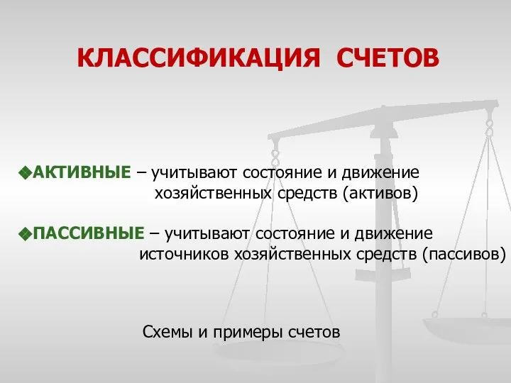 КЛАССИФИКАЦИЯ СЧЕТОВ АКТИВНЫЕ – учитывают состояние и движение хозяйственных средств (активов) ПАССИВНЫЕ