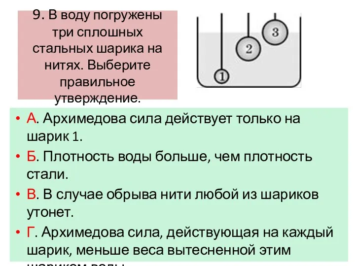 9. В воду погружены три сплошных стальных шарика на нитях. Выберите правильное