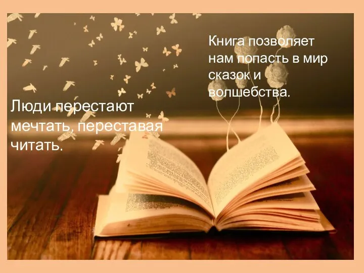 Книга позволяет нам попасть в мир сказок и волшебства. Люди перестают мечтать, переставая читать.