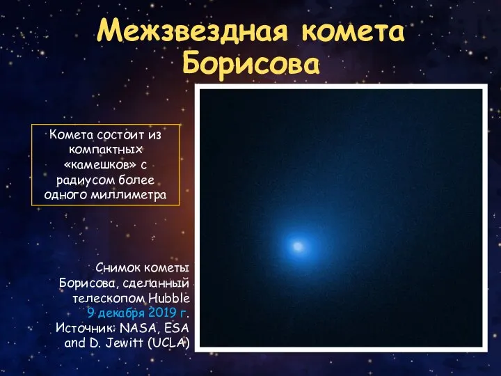 Межзвездная комета Борисова Снимок кометы Борисова, сделанный телескопом Hubble 9 декабря 2019