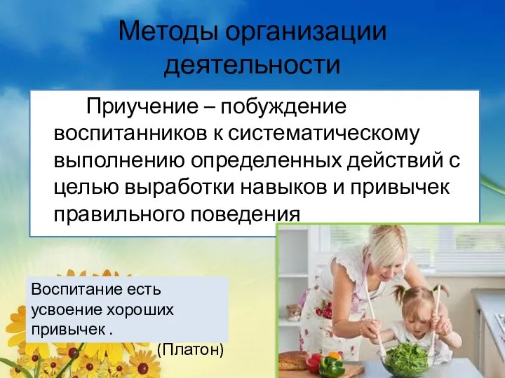 Методы организации деятельности Приучение – побуждение воспитанников к систематическому выполнению определенных действий