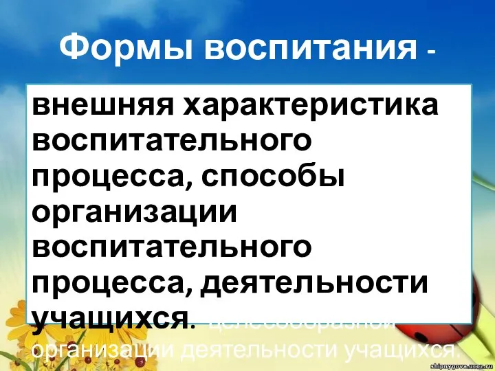 Формы воспитания - внешняя характеристика воспитательного процесса, способы организации воспитательного процесса, деятельности