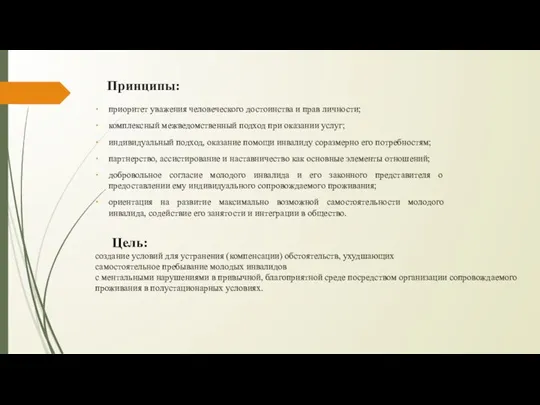 Принципы: приоритет уважения человеческого достоинства и прав личности; комплексный межведомственный подход при