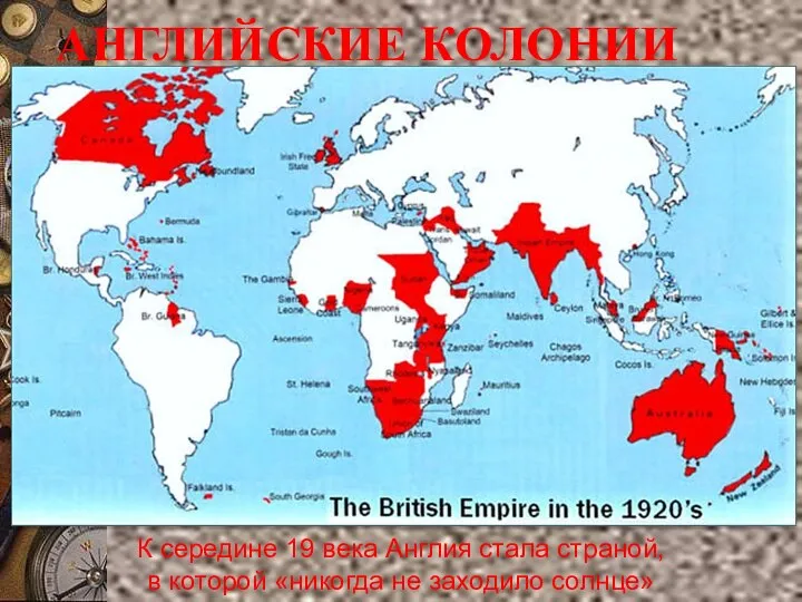 АНГЛИЙСКИЕ КОЛОНИИ К середине 19 века Англия стала страной, в которой «никогда не заходило солнце»