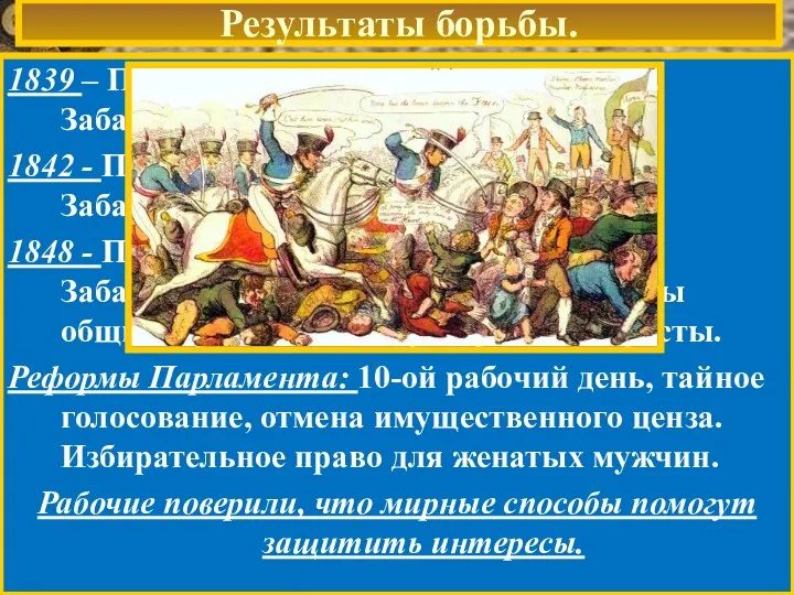 Результаты борьбы. 1839 – Парламент отверг Первую петицию. Забастовки. Аресты участников. 1842