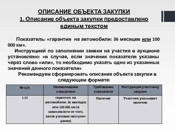 ОПИСАНИЕ ОБЪЕКТА ЗАКУПКИ 1. Описание объекта закупки предоставлено единым текстом Показатель: «гарантия