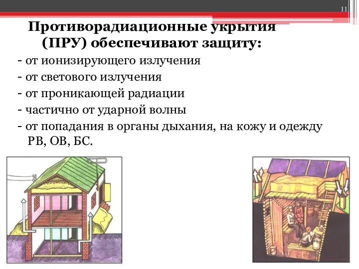 Противорадиационные укрытия (ПРУ) обеспечивают защиту: - от ионизирующего излучения - от светового