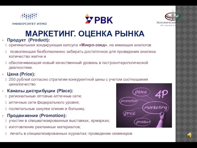 МАРКЕТИНГ. ОЦЕНКА РЫНКА Продукт (Product): оригинальная зондирующая капсула «Микро-зонд», не имеющая аналогов