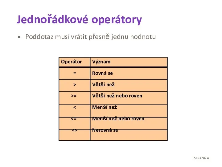 Jednořádkové operátory Poddotaz musí vrátit přesně jednu hodnotu STRANA