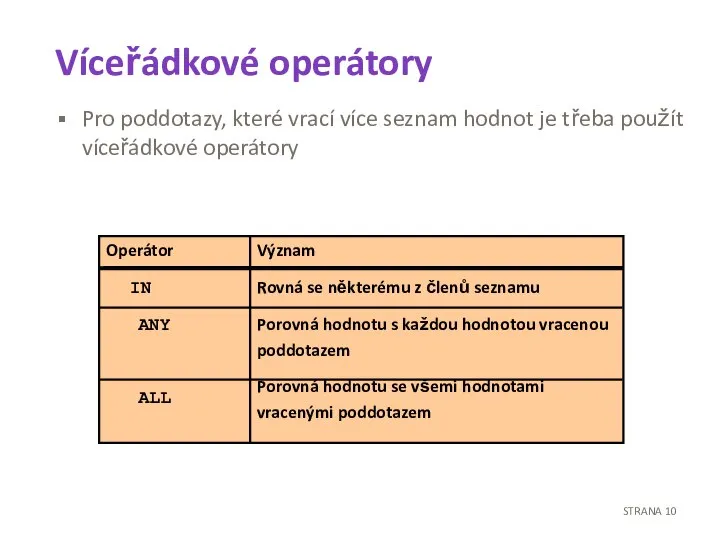 Víceřádkové operátory Pro poddotazy, které vrací více seznam hodnot je třeba použít víceřádkové operátory STRANA