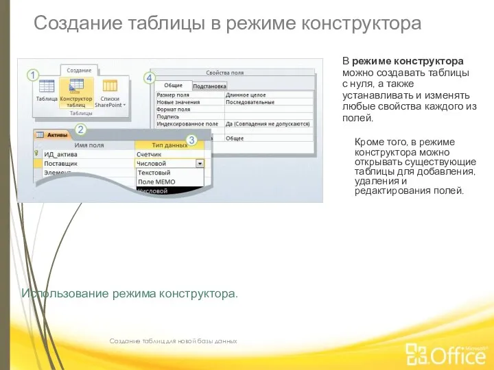 Создание таблицы в режиме конструктора Создание таблиц для новой базы данных Использование