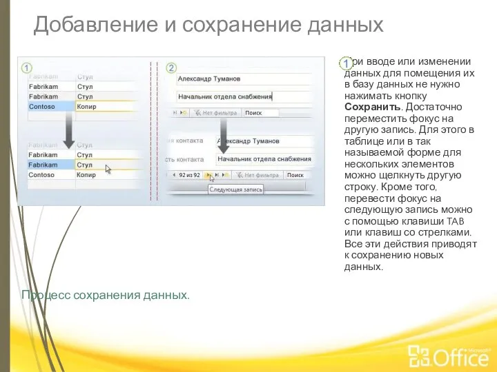 Добавление и сохранение данных Процесс сохранения данных. При вводе или изменении данных