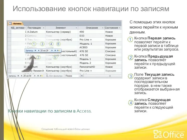 Использование кнопок навигации по записям Создание таблиц для новой базы данных Кнопки