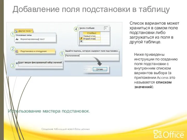 Добавление поля подстановки в таблицу Создание таблиц для новой базы данных Использование