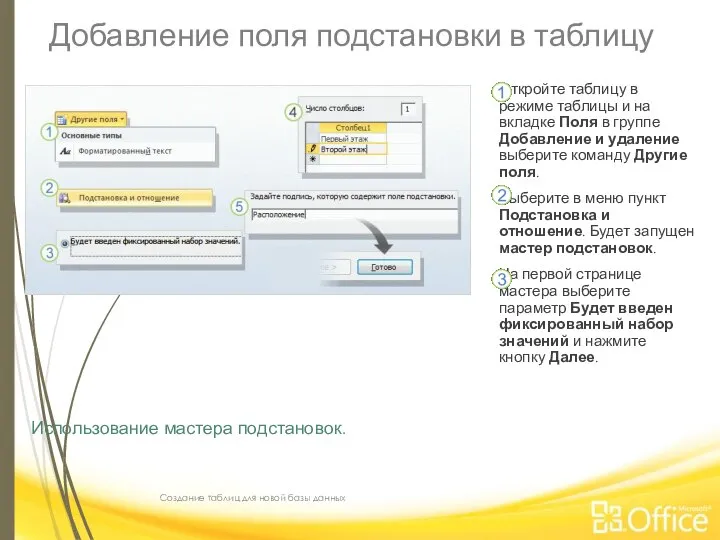 Добавление поля подстановки в таблицу Создание таблиц для новой базы данных Использование