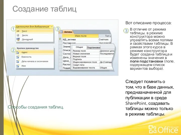 Создание таблиц Способы создания таблиц. Вот описание процесса: В отличие от режима
