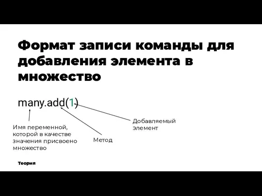 Формат записи команды для добавления элемента в множество Теория many.add(1) Имя переменной,