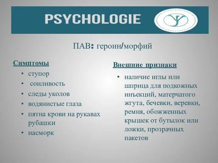 ПАВ: героин/морфий Симптомы ступор сонливость следы уколов водянистые глаза пятна крови на