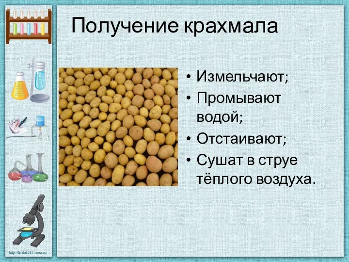 Получение крахмала Измельчают; Промывают водой; Отстаивают; Сушат в струе тёплого воздуха.