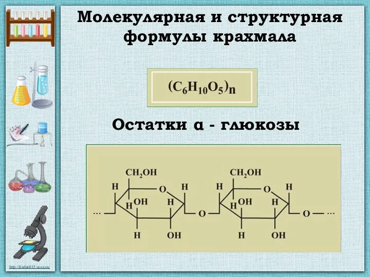 Молекулярная и структурная формулы крахмала Остатки α - глюкозы