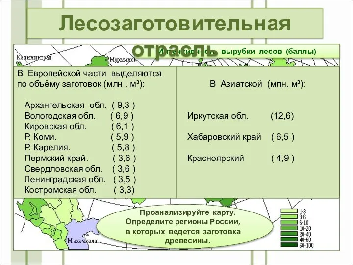 Интенсивность вырубки лесов (баллы) Проанализируйте карту. Определите регионы России, в которых ведется