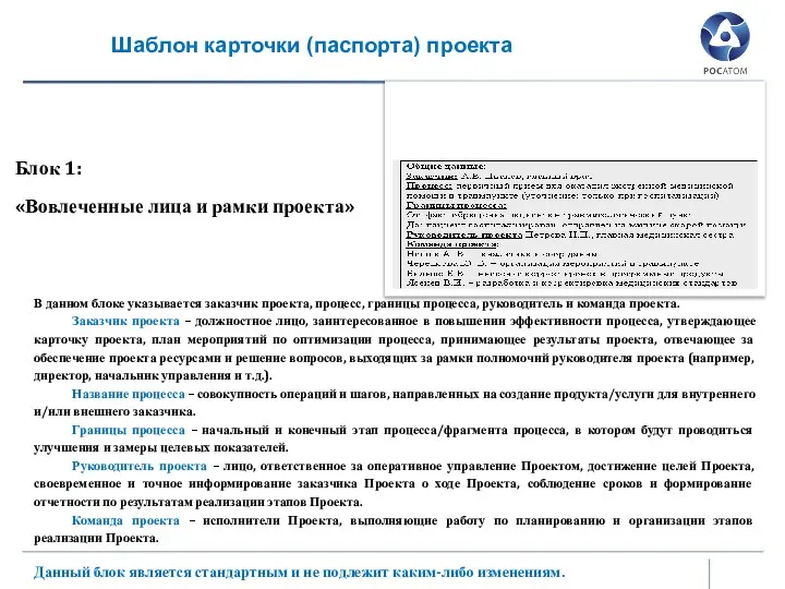 В данном блоке указывается заказчик проекта, процесс, границы процесса, руководитель и команда