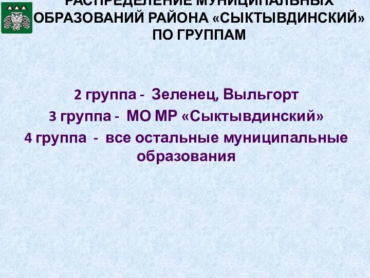 РАСПРЕДЕЛЕНИЕ МУНИЦИПАЛЬНЫХ ОБРАЗОВАНИЙ РАЙОНА «СЫКТЫВДИНСКИЙ» ПО ГРУППАМ 2 группа - Зеленец, Выльгорт