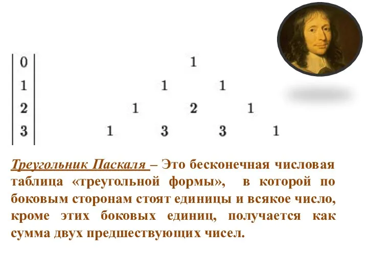 Треугольник Паскаля – Это бесконечная числовая таблица «треугольной формы», в которой по